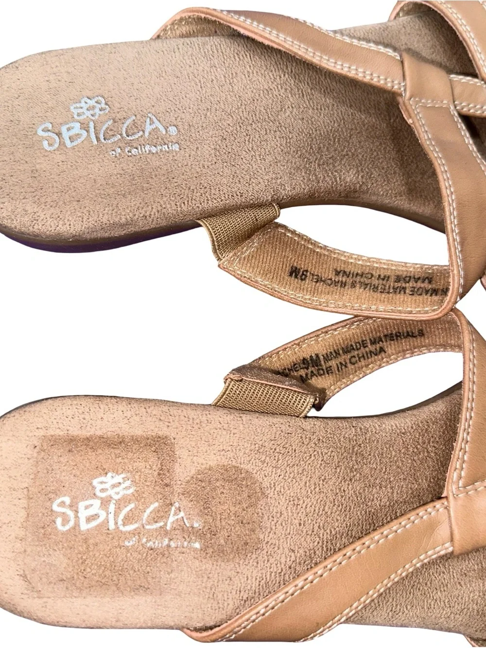 Sbicca Rachel Tan Comfort Slide Sandals Women’s Sz 9 Boho Casual Slip On Wedge